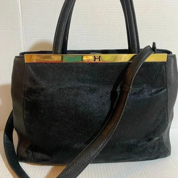 Halston calf fur & leather satchel handbag - Picture 1 of 13